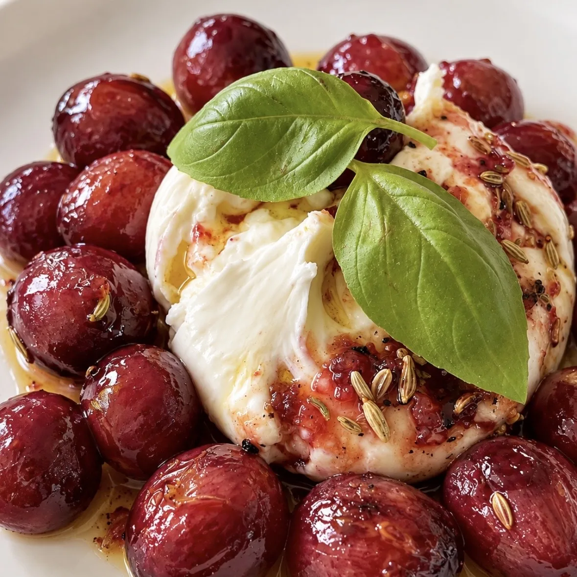 Nahaufnahme eines hellen Tellers: In der Mitte liegt eine aufgerissene Burrata, deren cremiges, weißes Inneres sichtbar ist. Darauf liegen zwei frische, sattgrüne Basilikumblätter. Über die Burrata ist ein rötlicher Fruchtsud mit Fenchelsamen und schwarzem Pfeffer gelaufen. Rundherum liegen dicht an dicht dunkelrote, glänzende Trauben, die von Olivenöl und Sud umgeben sind.