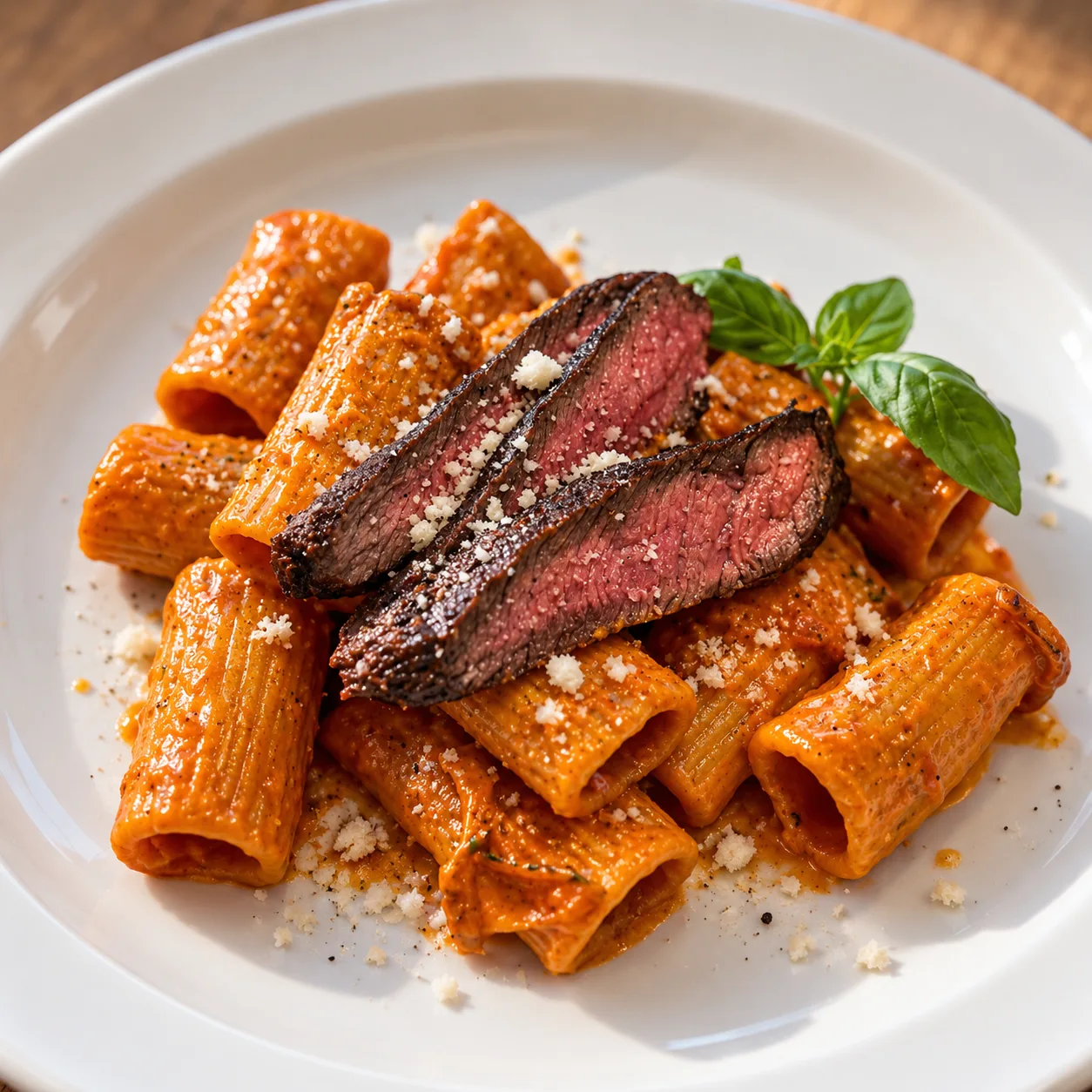 Rigatoni in cremiger Tomatensauce mit rosa gebratenen Steakstreifen, geriebenem Parmesan und frischem Basilikum auf weißem Teller
