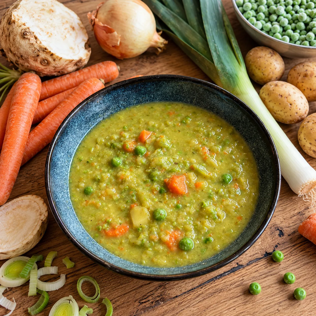 Omas Gemüsesuppe in einer dunkelblauen Keramikschale, umgeben von frischen Karotten, Kartoffeln, Lauch, Zwiebel, Sellerie und Erbsen auf einem rustikalen Holztisch. Die sämige Suppe enthält sichtbar knackige Gemüse- und Erbsenstücke.