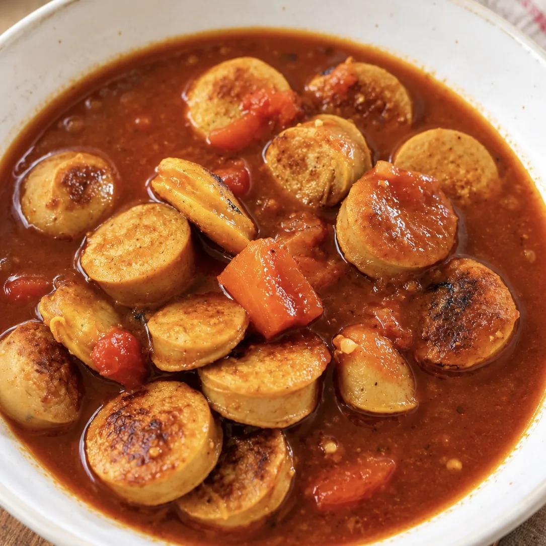Würzige Currywurst-Suppe in einer weißen Keramikschale. Angebratene Scheiben von Rostbratwurst und rote Paprikastücke liegen in einer kräftig roten, tomatigen Currysauce. Die Wurstscheiben sind goldbraun gebraten und teilweise leicht knusprig angeröstet. Die Suppe wirkt herzhaft, sämig und appetitlich.